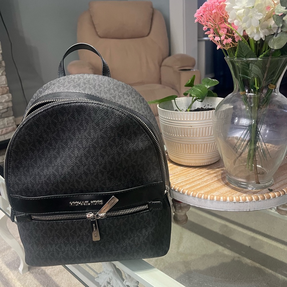 Michael Kors Black Logo Backpack with Silver Hardware